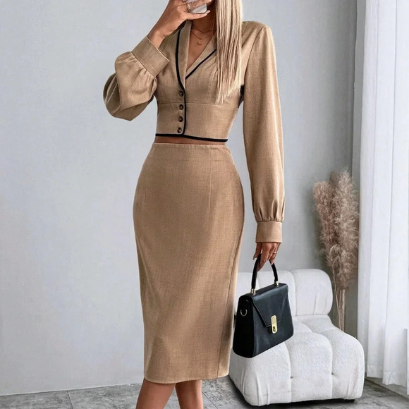 Contrast Trim Puff Sleeve Button-Up Bodycon Dress Women - Picture 1 of 6